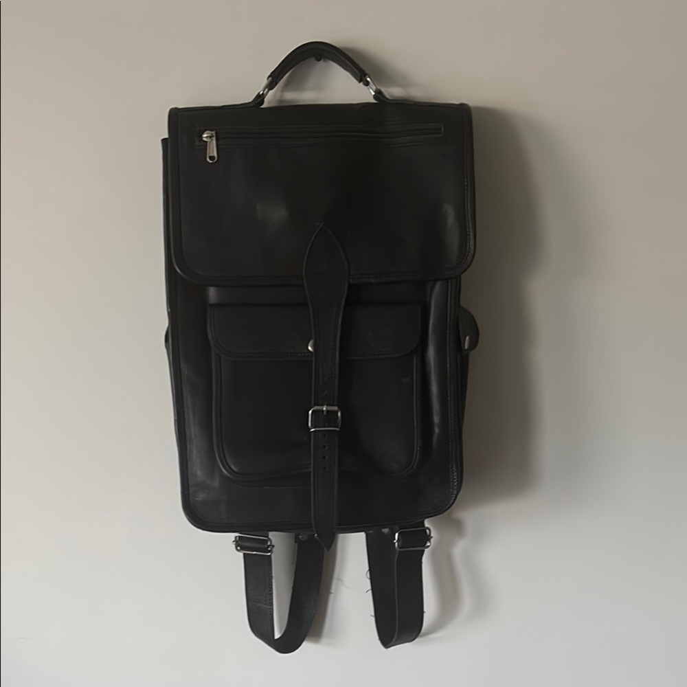 Black Men's Leather Messenger Style Backpack